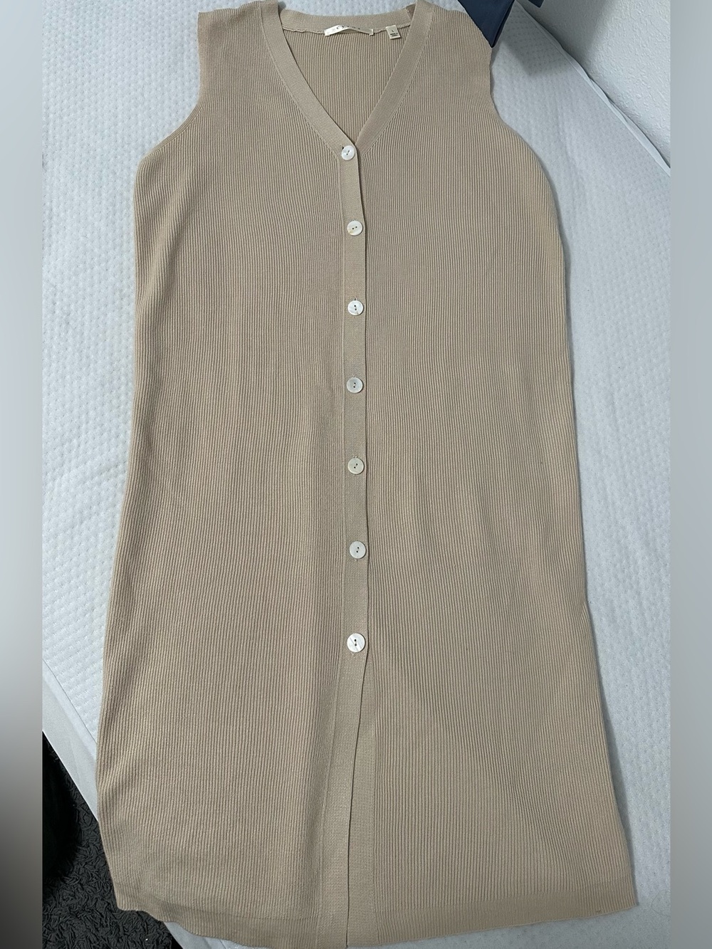 Cyrus Sleeveless Button-Front Knit Dress Vest in Beige